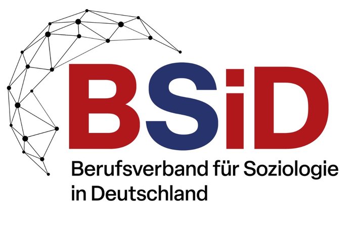 Logo des Berufsverbandes für Soziologie in Deutschland (BSiD) mit den Buchstaben B, S, i, D in Rot und Blau, wobei ein Netzwerk aus Punkten und Linien den Buchstaben „i“ umgibt.