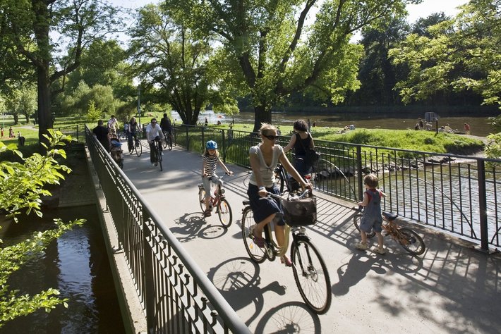 Auf einem sonnigen Weg führen mehrere Personen – darunter Erwachsene und Kinder – Fahrräder sowie ein Kinder­fahrrad. Ein ruhiges Ufer mit Fußweg und Fahrradbahn, umgeben von Natur, durchquert grüne, schattige Bäume.