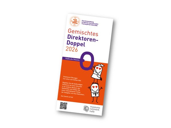 Plakat für das gemischte Direktoren-Doppel 2026 in Halle mit zwei lächelnden, schematischen Figuren, die sich die Hand reichen – eine in weißer, eine in roter Kleidung.
