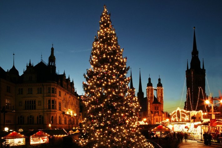 Ein festlich geschmückter, großer Weihnachtsbaum ist mit Lichterketten erleuchtet, umgeben von historischen Gebäuden mit Türmchen. Der Himmel ist dunkelblau, und es herrscht eine gemütliche u sowie weihnachtliche Stimmung vor.